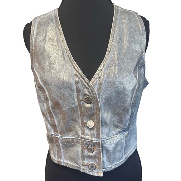 Levi’s Metallic Silver Jean Vest Corset Crop Top Sz L Festival Country Southern - Picture 1 of 11